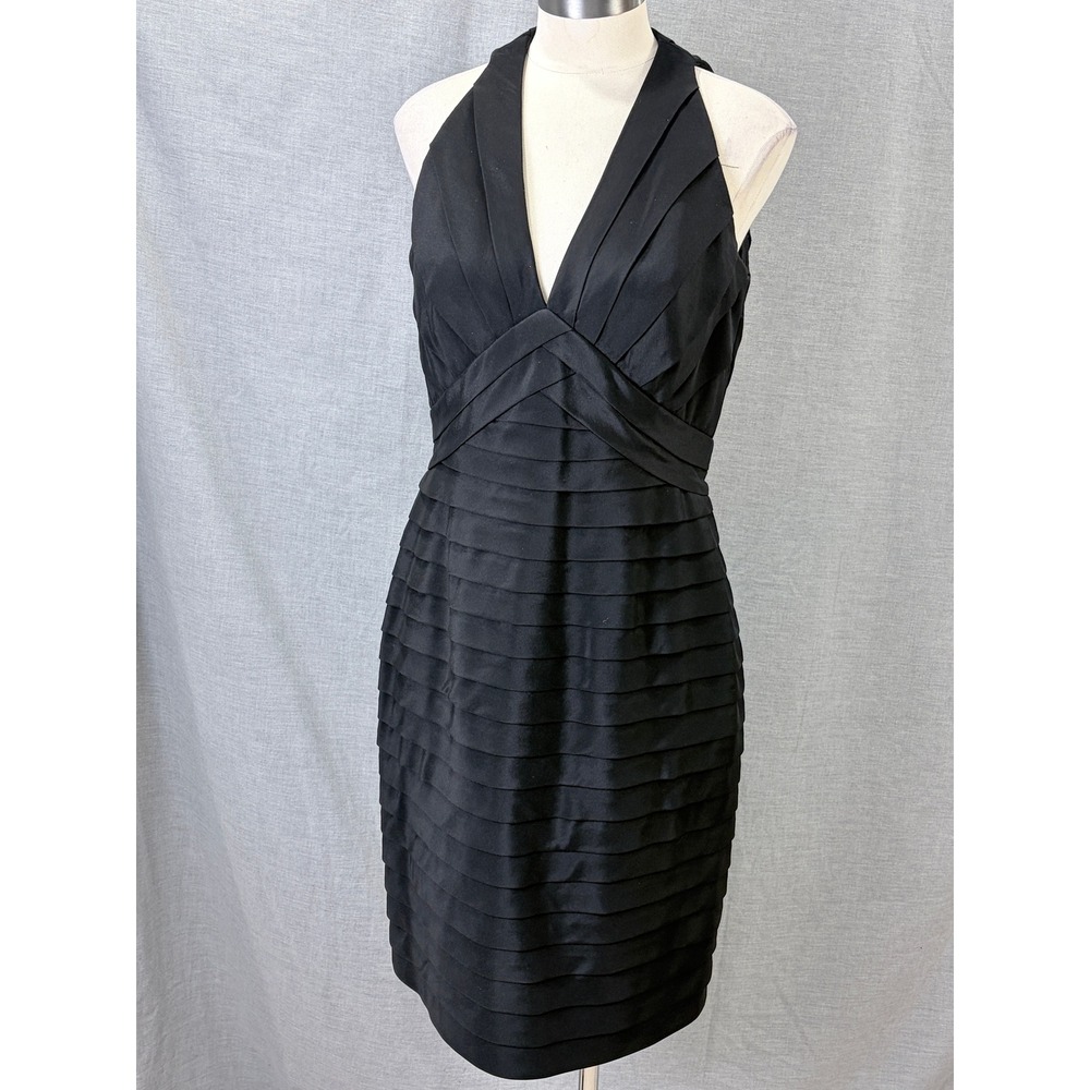 Badgley‎ Mischka Bandage Shutter Pleat Silk Halter Dress Black 10 LBD